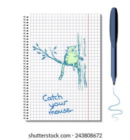 Cat with mouse on the tree. Catch the mouse! Sketch style. Picture on the squared paper spiral bound notepad. Vector illustration.
