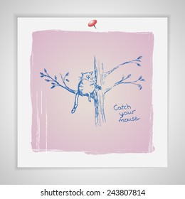 Cat with mouse on the tree. Original greeting funny card. Catch the mouse!
