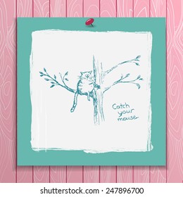 Katze mit Maus auf dem Baum. Originelle lustige Grußkarte. Fang die Maus!