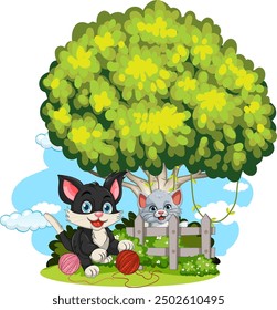 Cat and mouse playing under a big tree