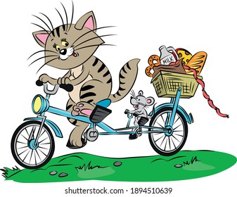 cat and mouse ride a bicycle, they bring food from the store