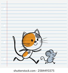 A cat and mouse running on lined paper