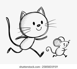 A cat and mouse running together joyfully