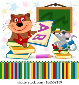 cat mouse in school - vector illustration