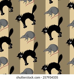 Cat and mouse seamless set, cat-mouse pattern on striped background, Halloween illustration