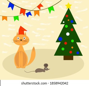 cat and mouse sit near the Christmas tree
