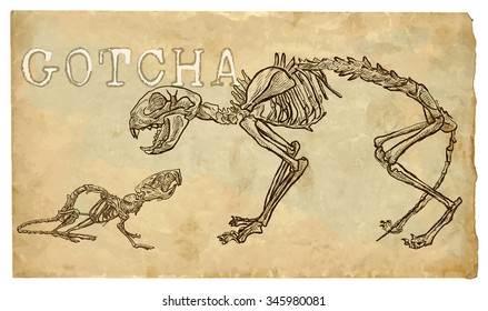 CAT AND MOUSE, skeletons - freehand vector illustration