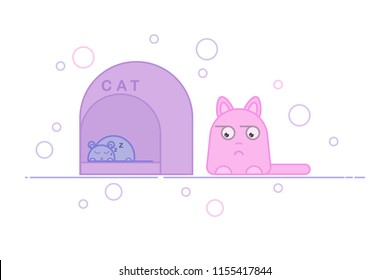 Cat and mouse. Cat and mouse sleeping in a cat's house. Flat vector illustration.
