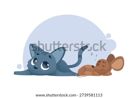Cat and mouse. sleeping cute little characters mouse with cat