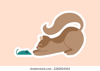 Cat with mouse sticker. Little hunter with prey. Pet stretching, playful and adorable character. Kitten with blue toy. Graphic element for social media and messengers. Cartoon flat vector illustration