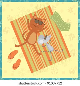 cat and mouse sunbathing on the beach