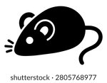 Cat mouse toy black silhouette icon with rounded body, curled tail, ear cutout, small eye, whisker marks, and clean bold shape isolated on white background. Minimal feline play accessory illustration for indoor pet supplies, product label, sticker, and shop category.