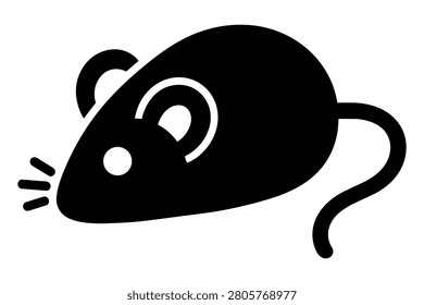 Cat mouse toy black silhouette icon with rounded body, curled tail, ear cutout, small eye, whisker marks, and clean bold shape isolated on white background. Minimal feline play accessory illustration for indoor pet supplies, product label, sticker, and shop category.