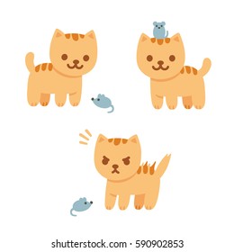 Cat and mouse vector illustration. Cute cartoon kitten playing with mouse, friendly and angry.