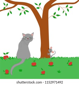 Cat and mouse walk on an apple glade.
