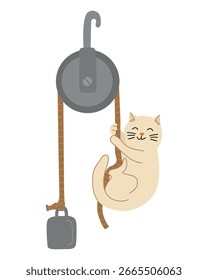Gato y bloque móvil o rueda con chute dibujado a mano Ilustración vectorial de estilo plano. Elemento temático de regreso a la escuela, física, ciencia mecánica