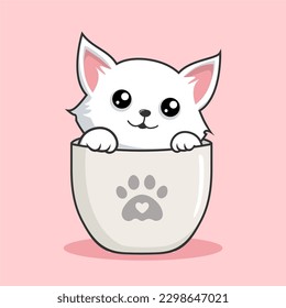 Cat in Mug Cartoon - Cute White Pussy Cat Play in Cups Mug