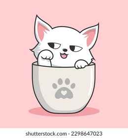 Cat in Mug - Cute White Pussy Cat Play in Cups Mug Vector