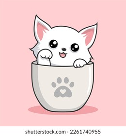 Cat in Mug Illustration - Cute White Pussy Cat Playing in Cups Mug