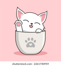 Cat in Mug Illustration - Cute White Pussy Cat Play in Cups Mug