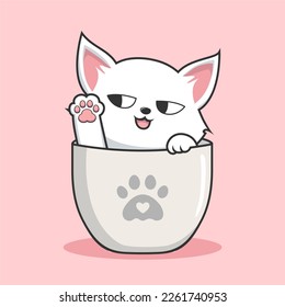Cat in Mug Illustration With Sunglasses - Cute White Pussy Cat in Cups Mug