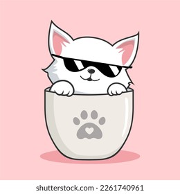 Cat in Mug Illustration With Sunglasses - Cute White Pussy Cat in Cups Mug