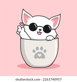 Cat in Mug Love Finger - Cute White Pussy Cat in Cups Mug Vector