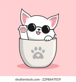 Gato en la taza con gafas redondas - Gato de Pussy Blanco en tazas Ilustración de tazas