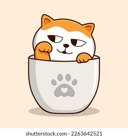 Cat in Mug - White Orange Pussy Cat Hide in Cup Mug Waving Hand-