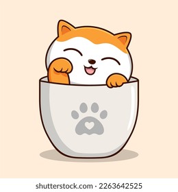 Cat in Mug - White Orange Pussy Cat Hide in Cup Mug Waving Hand