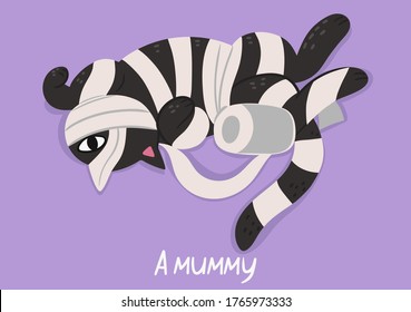 Cat mummy. Halloween card with cat in toilet paper. Vector graphics.