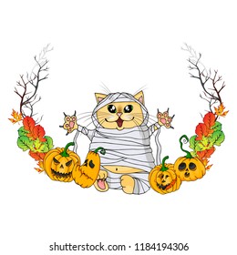 Cat mummy. Vector illustration. Illustration for Halloween. Pumpkins for Halloween. Autumn leaves. Frame to Helluin.