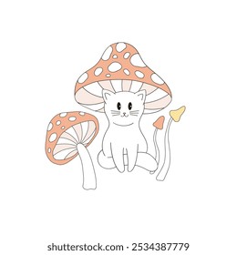 Cat mushroom vector clip-art isolated on white. Magical cat illustration