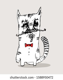 A cat with a mustache, beard, bow-tie and striped tail. Color vector illustration. Can be used in social networks, for articles, publications, postcards, prints, posters.