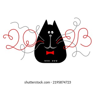 A cat with a mustache in the form of numbers, vector illustration. 2023 is the year of the black cat.