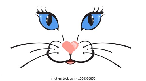 Cat muzzle. Big blue eyes and pink nose in the form of heart. Cartoon vector illustration.