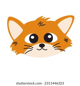 Cat muzzle. Cute Ginger cat. Lovely kitten. Funny friendly domestic animal, pet. Childish Vector flat illustration isolated on the white background.