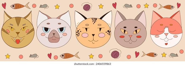 Un juego bonito de bozales de gato. Diferentes razas de gatos mascotas.