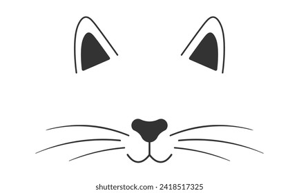 Cat muzzle with ears and whiskers, nose, mouth. Cute animal mask filter. Signboard design for pet grooming and bathing salon or stuff store isolated on white background. Vector graphic illustration