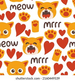 Cat muzzle face head and paw seamless pattern vector illustration