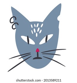 Cat muzzle. Funny cat with a piercing and a gnawed ear. Portrait of cute childish domestic animal. Spotty kitty head. Funny animal drawn in doodle style. Flat vector illustration isolated