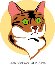 Cat muzzle with green eyes, illustration. Pets. Red cat with black stripes