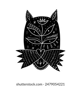 Ilustración de bozal de gato, concepto de cuento popular animal aislado ornamentado abstracto. Elemento decorativo de estilo Linocut. Vector bestia cara silueta diseño Clip arte