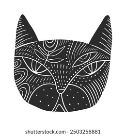 Cat muzzle isolated portrait groovy cute comic character, grumpy face boho doodle modern art print funny hand-drawn childish cartoon funky trendy style vector illustration clip-art. 