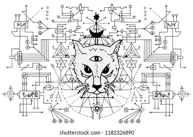 Cat muzzle with mystic signs against black and white sacred geometry. Esoteric, occult and Halloween concept, mystic vector illustrations for music album, book cover, t-shirts