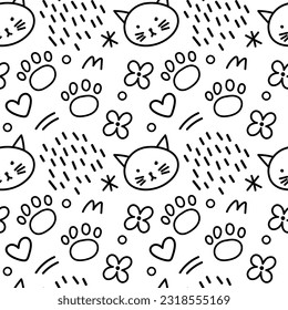 Cat muzzle, paws, flowers, decorative elements black and white seamless pattern for wallpapers, textiles, fabrics, wrapping paper