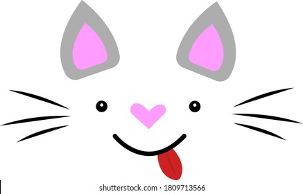 Cat muzzle with small black round eyes, heart-shaped nose and red protruding tongue.  Object on white background Animals and pets concept