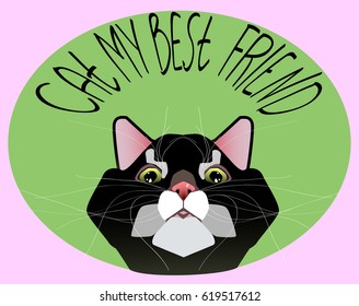 The cat is my best friend - postcard face of a cat on a green background. Vector illustration