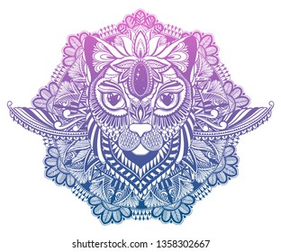 Cat mystic and mandala tattoo.Gradient pastel color in white background. Decorative graphic drawing. Isolated design sign.