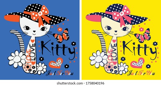 cat name kitty with hat and ribbon and a butterfly and flower and heart and lettering